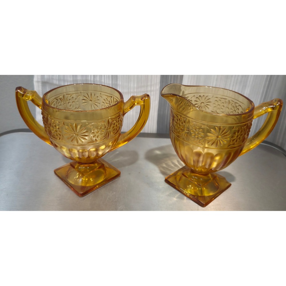 Vintage Indiana Depression Glass Amber Daisy Creamer/Sugar Bowl Set SEE PHOTO